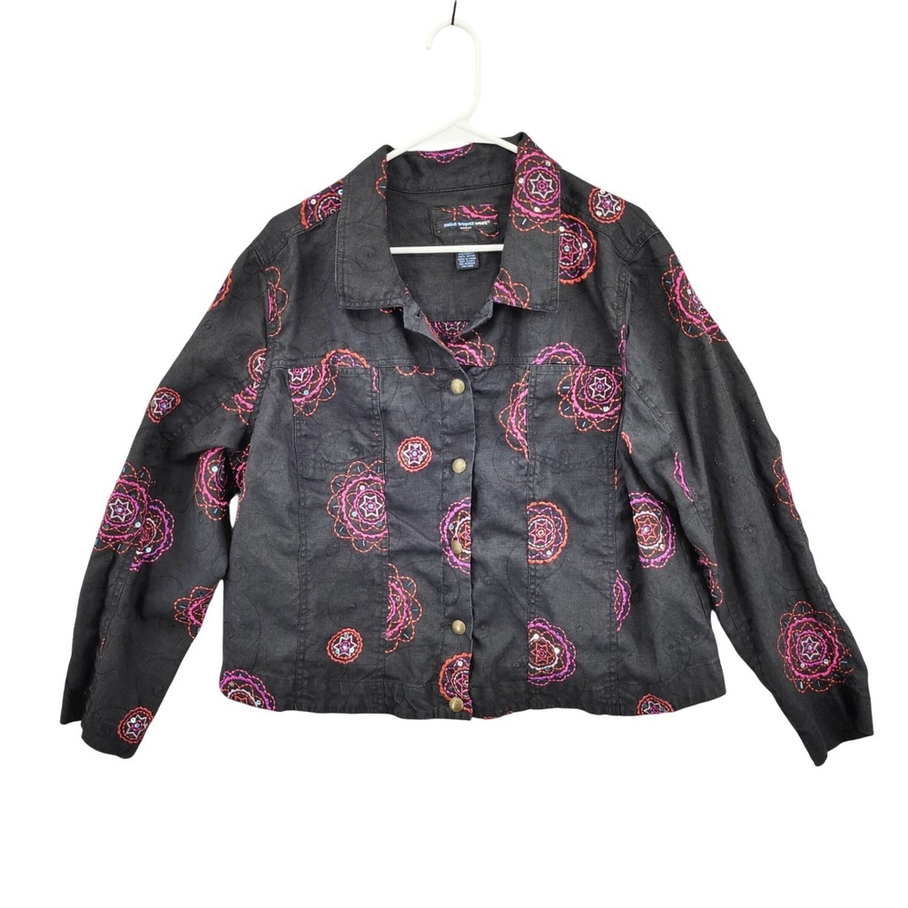 Saint Tropez West Women Coastal Embroidered 100% Linen Jacket 3X Black Sequin